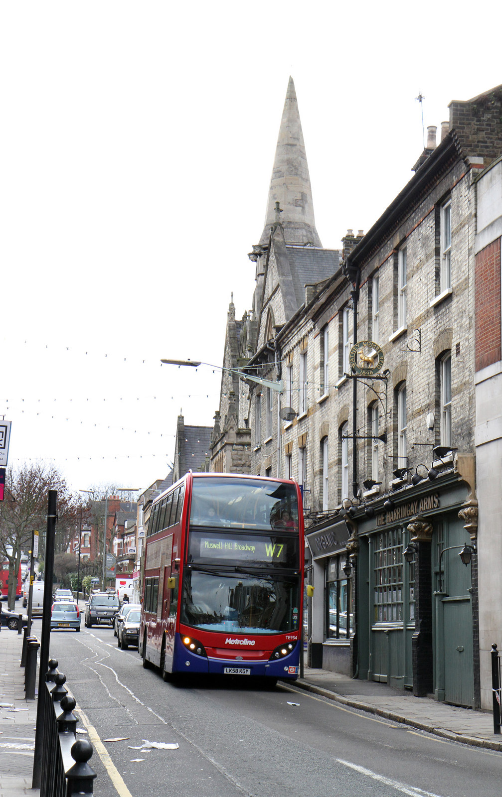 A Metroline W7 bus descends Crouch Hill near Crouch End Broadway.